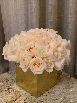 White Roses in Gold Cube from Mangel Florist, flower shop at the Drake Hotel Chicago