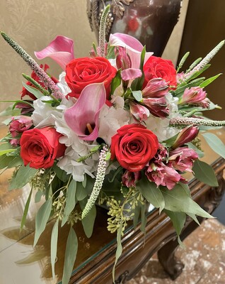 Traditional Floral Cube in reds,pinks,whites from Mangel Florist, flower shop at the Drake Hotel Chicago