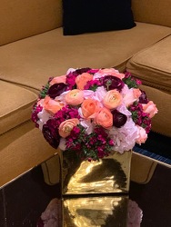 Rose and Ranunculus in Gold Cube from Mangel Florist, flower shop at the Drake Hotel Chicago