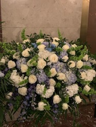 Blue and White Casket Spray from Mangel Florist, flower shop at the Drake Hotel Chicago