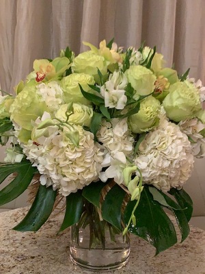 Green and White Arrangement with Orchids  from Mangel Florist, flower shop at the Drake Hotel Chicago