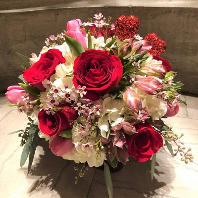 Low Cube of Pink,White,Red and Lavender Florals from Mangel Florist, flower shop at the Drake Hotel Chicago